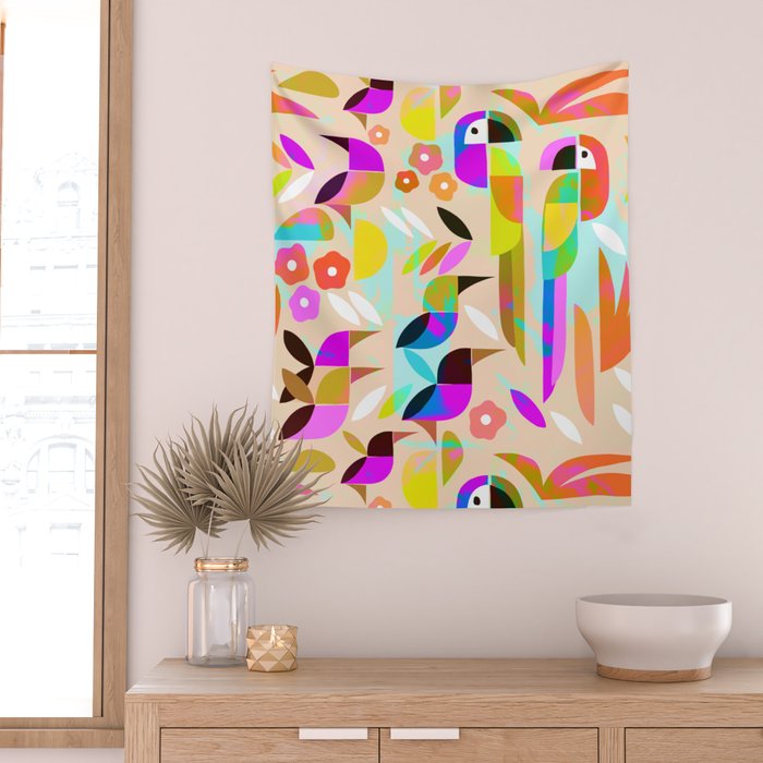 TROPICAL BIRD PATTERN COLLAGE Wall Tapestry Gallery Image 2