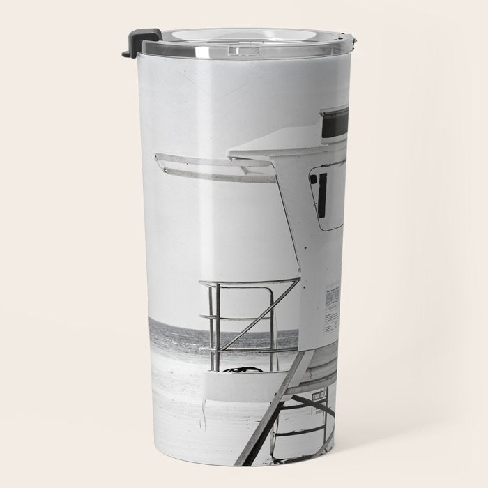 Black and White Beach Photography, Grey Lifeguard Stand, Gray Coastal Nautical Art Travel Mug Gallery Image 3