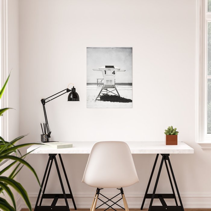 Black and White Beach Photography, Grey Lifeguard Stand, Gray Coastal Nautical Art Poster Gallery Image 2