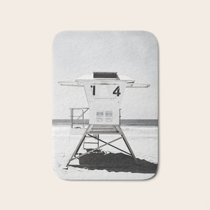 Black and White Beach Photography, Grey Lifeguard Stand, Gray Coastal Nautical Art Bath Mat Gallery Image 1