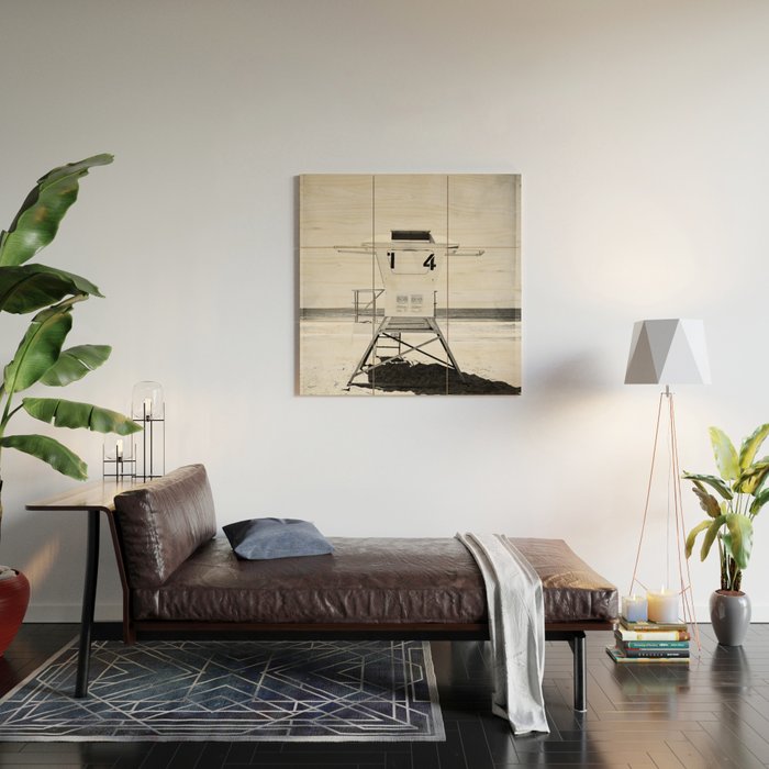 Black and White Beach Photography, Grey Lifeguard Stand, Gray Coastal Nautical Art Wood Wall Art Gallery Image 2