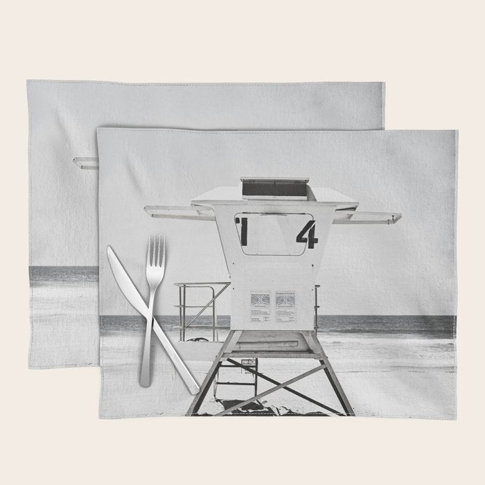 Black and White Beach Photography, Grey Lifeguard Stand, Gray Coastal Nautical Art Placemat Gallery Image 1