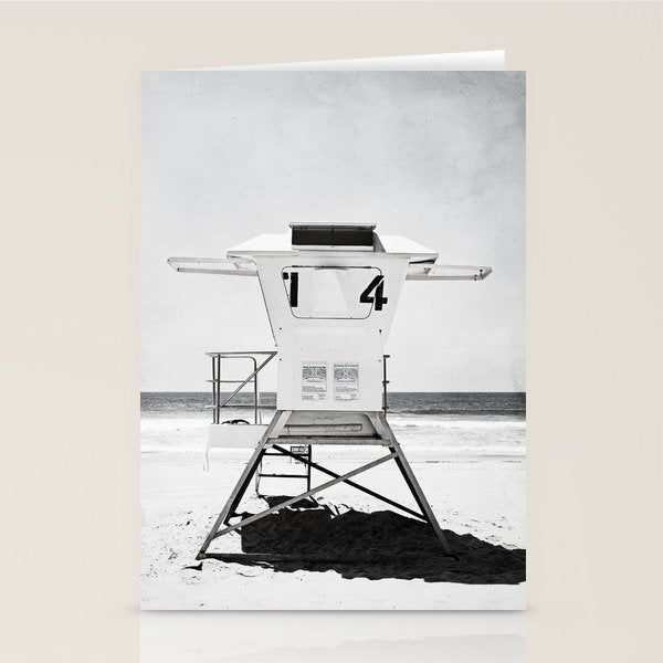 Black and White Beach Photography, Grey Lifeguard Stand, Gray Coastal Nautical Art Stationery Card Gallery Image 2