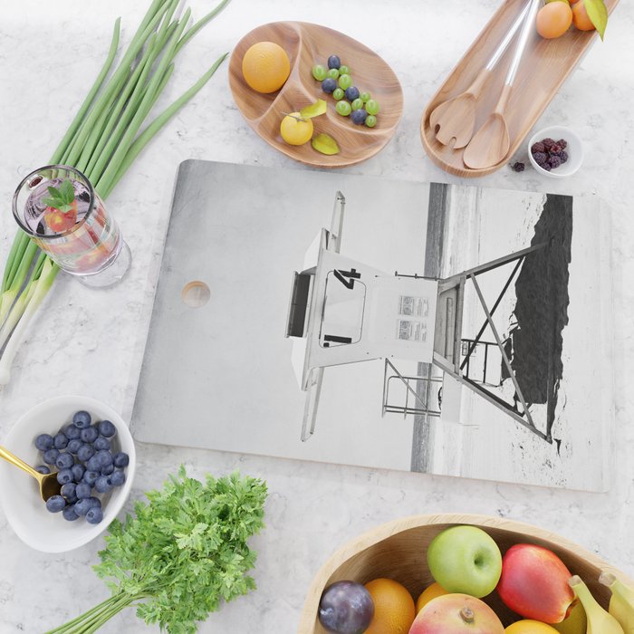 Black and White Beach Photography, Grey Lifeguard Stand, Gray Coastal Nautical Art Cutting Board Gallery Image 2