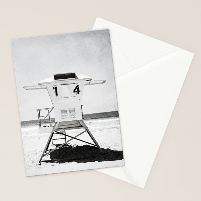 Black and White Beach Photography, Grey Lifeguard Stand, Gray Coastal Nautical Art Stationery Card Gallery Image 2