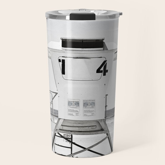 Black and White Beach Photography, Grey Lifeguard Stand, Gray Coastal Nautical Art Travel Mug Gallery Image 1