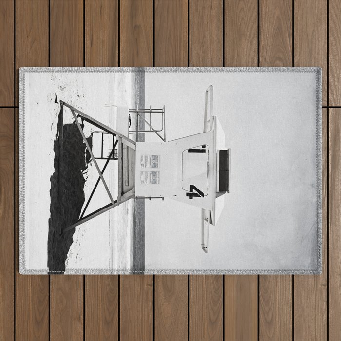 Black and White Beach Photography, Grey Lifeguard Stand, Gray Coastal Nautical Art Outdoor Rug Gallery Image 1