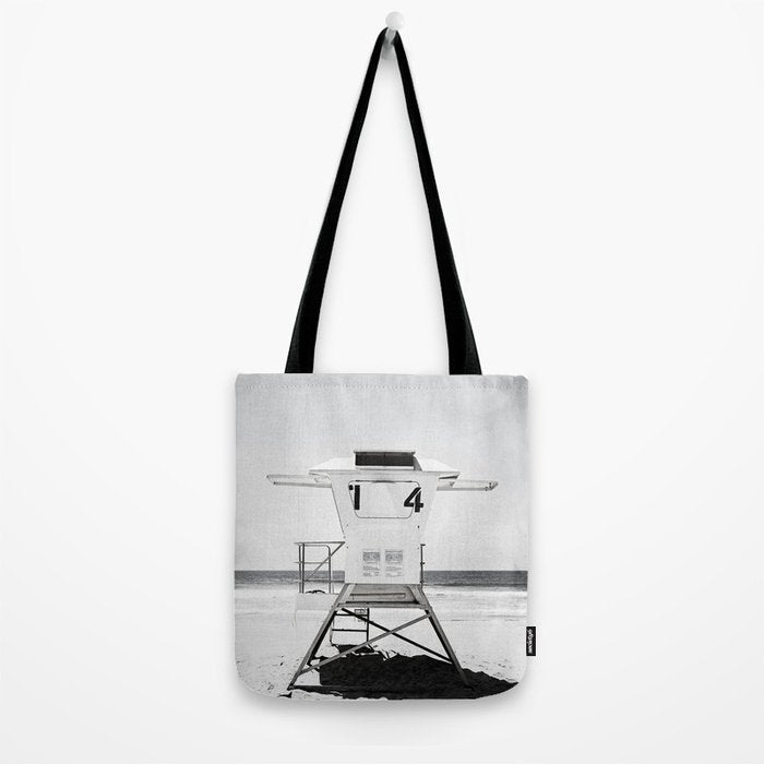 Black and White Beach Photography, Grey Lifeguard Stand, Gray Coastal Nautical Art Tote Bag Gallery Image 2