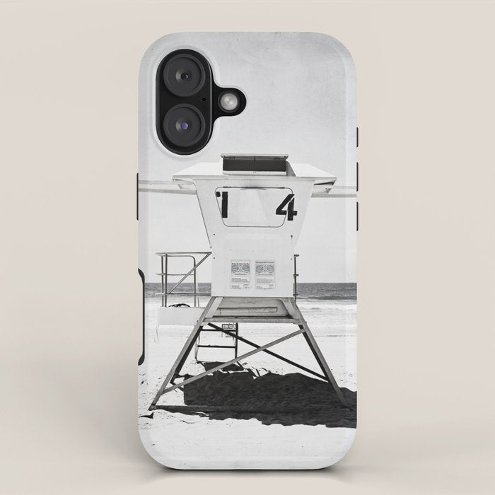 Black and White Beach Photography, Grey Lifeguard Stand, Gray Coastal Nautical Art iPhone Case Gallery Image 1