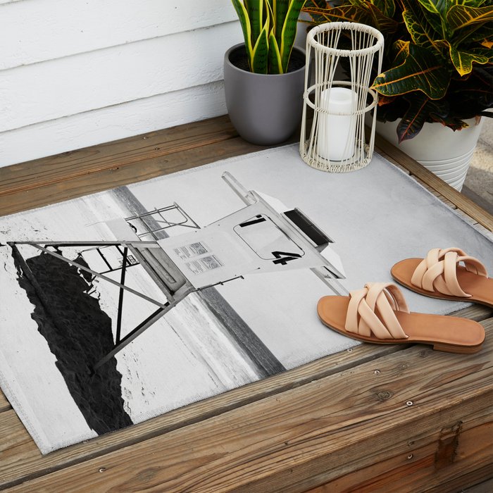 Black and White Beach Photography, Grey Lifeguard Stand, Gray Coastal Nautical Art Outdoor Rug Gallery Image 2