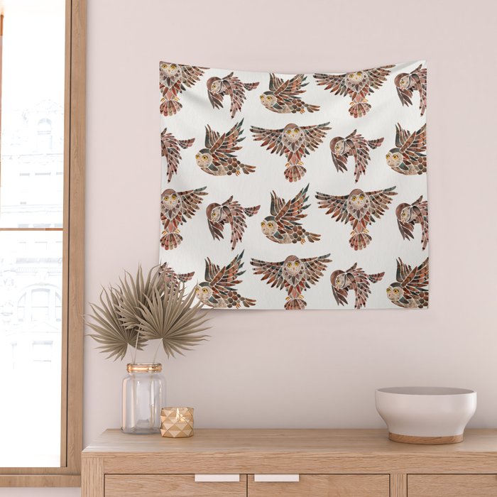 Owls in Flight - Brown Palette Wall Tapestry Gallery Image 2