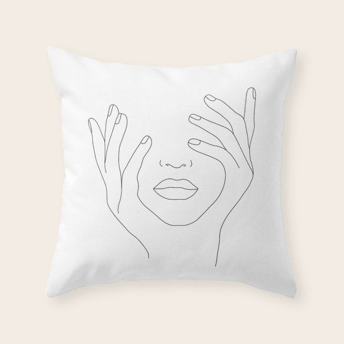 Minimal Line Art Woman with Hands on Face Throw Pillow Gallery Image 1