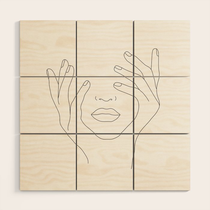 Minimal Line Art Woman with Hands on Face Wood Wall Art Gallery Image 1