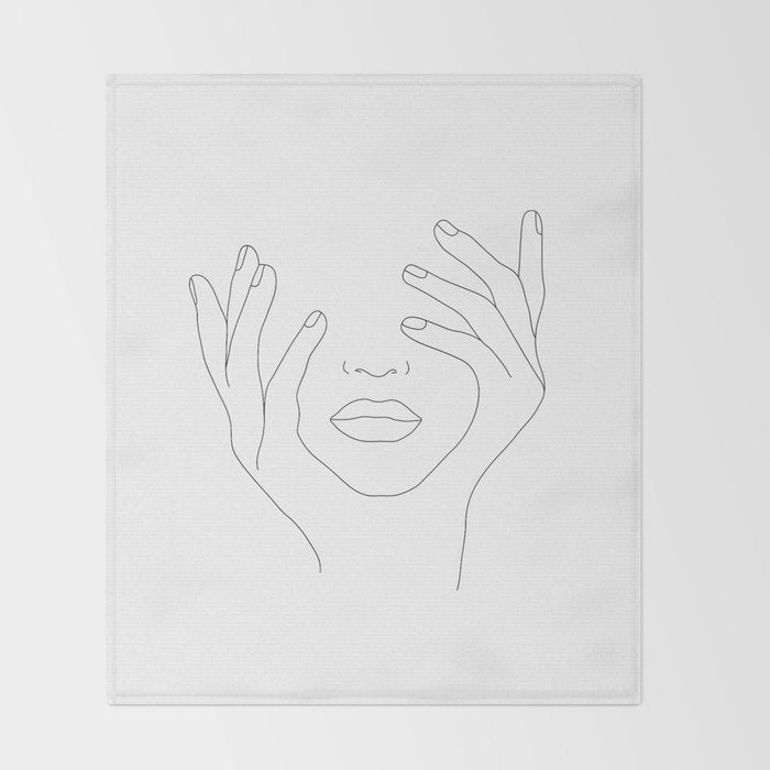 Minimal Line Art Woman with Hands on Face Throw Blanket Gallery Image 2