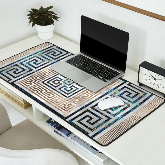 Greek Key Ornament - Greek Meander -Abalone and gold Desk Mat Gallery Image 2