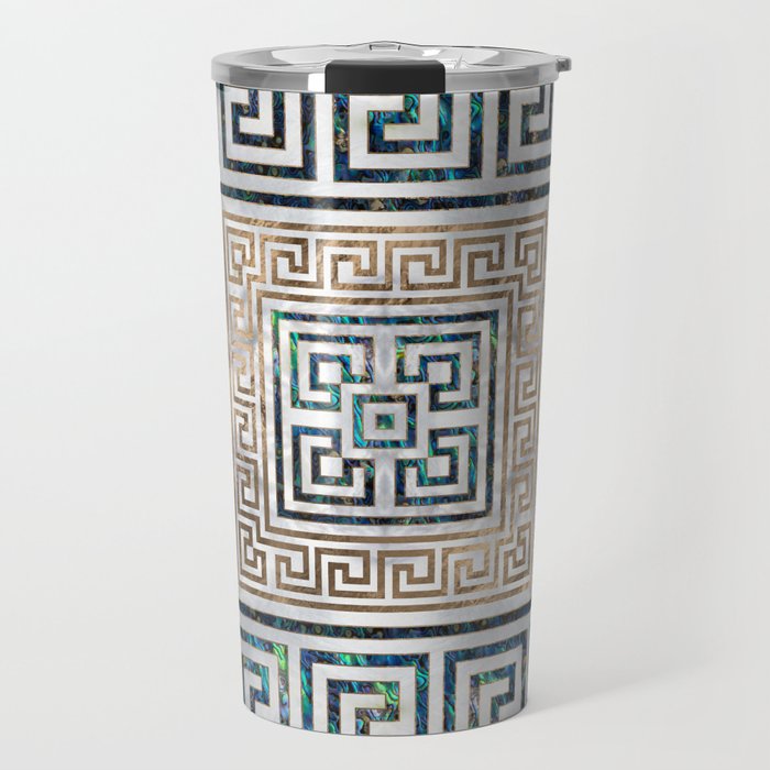 Greek Key Ornament - Greek Meander -Abalone and gold Travel Mug Gallery Image 1