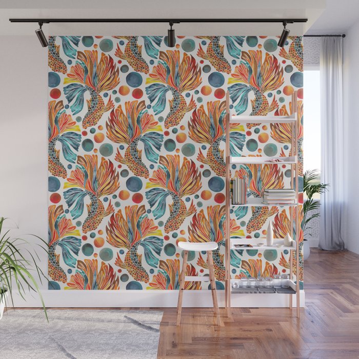 Siamese Fighting Fish - Orange & Blue Wall Mural Gallery Image 1