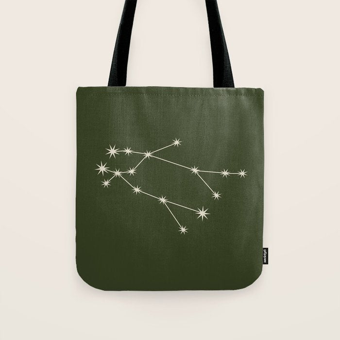 Gemini Zodiac Star Constellation Line Art Moss Green Tote Bag Gallery Image 1