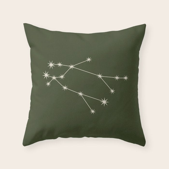 Gemini Zodiac Star Constellation Line Art Moss Green Throw Pillow Gallery Image 6
