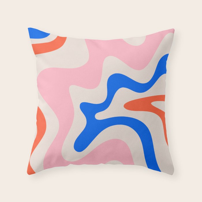 Retro Liquid Swirl Abstract Pattern Square Pink, Orange, and Royal Blue Throw Pillow Gallery Image 1
