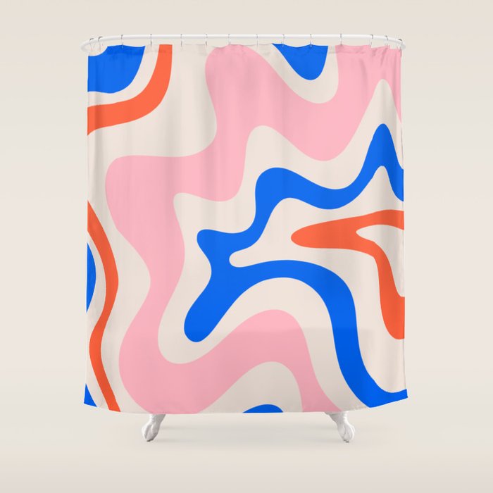 Retro Liquid Swirl Abstract Pattern Square Pink, Orange, and Royal Blue Shower Curtain Gallery Image 1