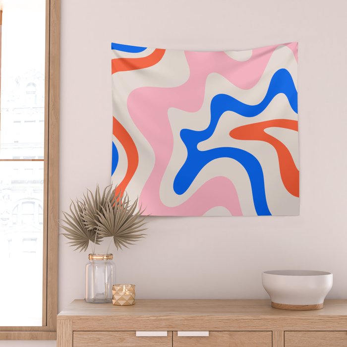 Retro Liquid Swirl Abstract Pattern Square Pink, Orange, and Royal Blue Wall Tapestry Gallery Image 2