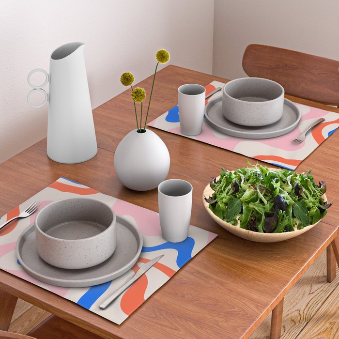 Retro Liquid Swirl Abstract Pattern Square Pink, Orange, and Royal Blue Placemat Gallery Image 2