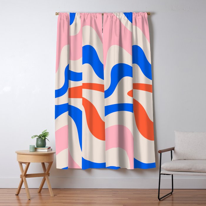 Retro Liquid Swirl Abstract Pattern Square Pink, Orange, and Royal Blue Window Curtain Gallery Image 1