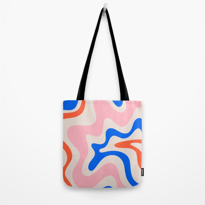 Retro Liquid Swirl Abstract Pattern Square Pink, Orange, and Royal Blue Tote Bag Gallery Image 2