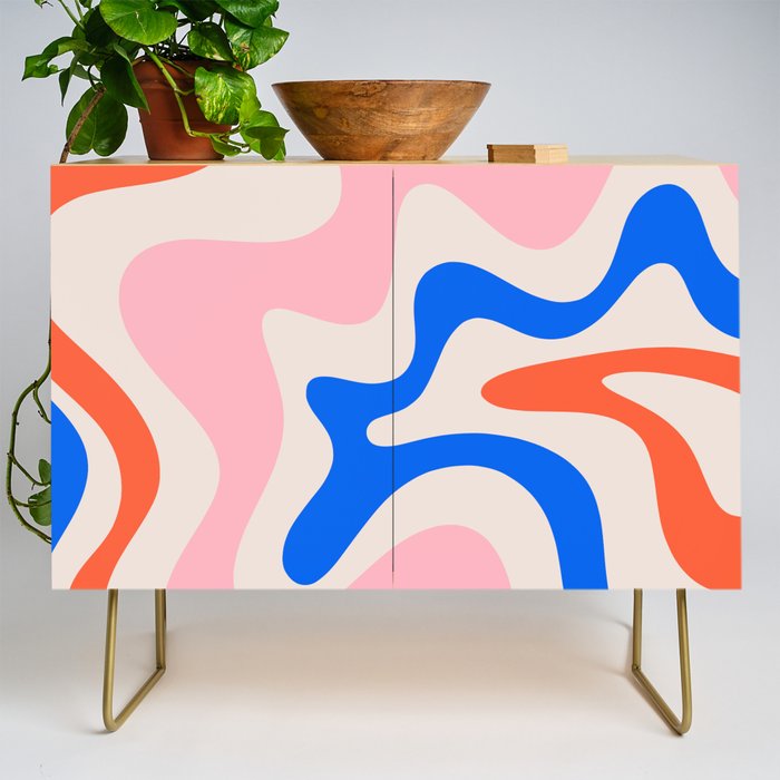Retro Liquid Swirl Abstract Pattern Square Pink, Orange, and Royal Blue Credenza Gallery Image 1