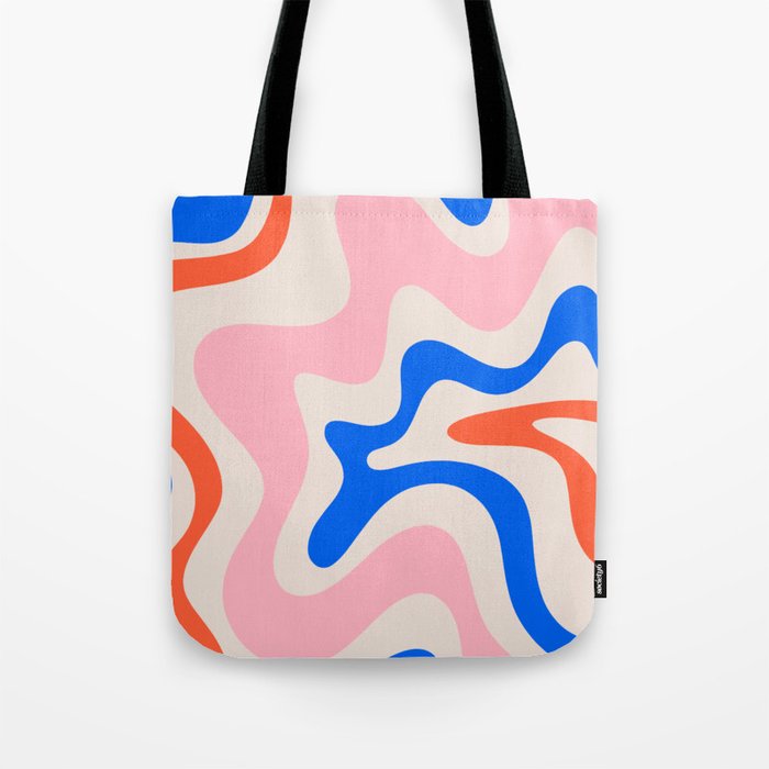 Retro Liquid Swirl Abstract Pattern Square Pink, Orange, and Royal Blue Tote Bag Gallery Image 1