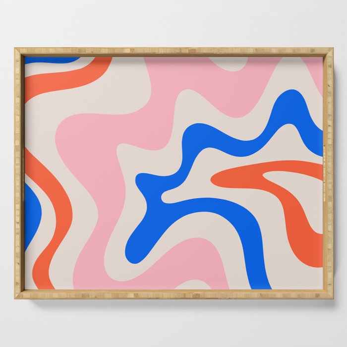 Retro Liquid Swirl Abstract Pattern Square Pink, Orange, and Royal Blue Serving Tray Gallery Image 1