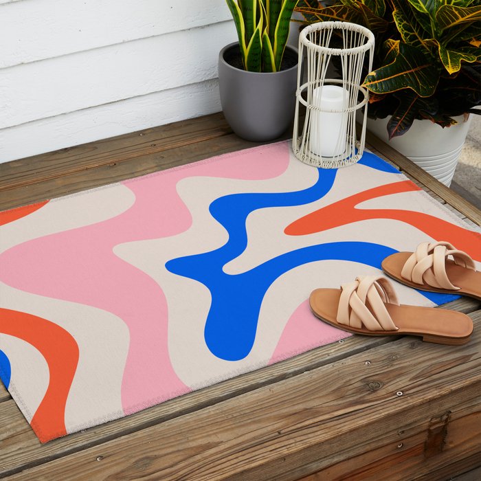 Retro Liquid Swirl Abstract Pattern Square Pink, Orange, and Royal Blue Outdoor Rug Gallery Image 2