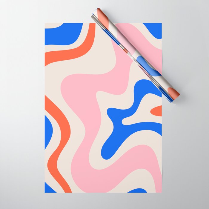 Retro Liquid Swirl Abstract Pattern Square Pink, Orange, and Royal Blue Wrapping Paper Gallery Image 1