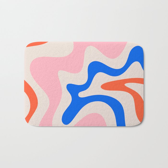 Retro Liquid Swirl Abstract Pattern Square Pink, Orange, and Royal Blue Bath Mat Gallery Image 1