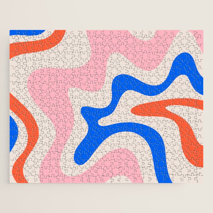 Retro Liquid Swirl Abstract Pattern Square Pink, Orange, and Royal Blue Jigsaw Puzzle Gallery Image 1