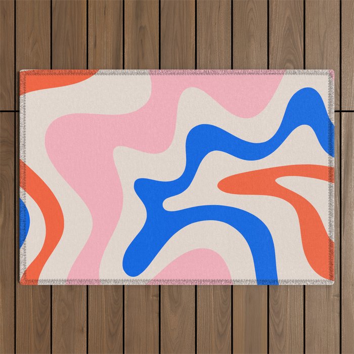 Retro Liquid Swirl Abstract Pattern Square Pink, Orange, and Royal Blue Outdoor Rug Gallery Image 1