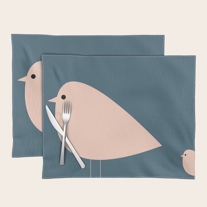 Unique Birds - Minimalist Scandi Bird Family Blue Blush White Placemat Gallery Image 1