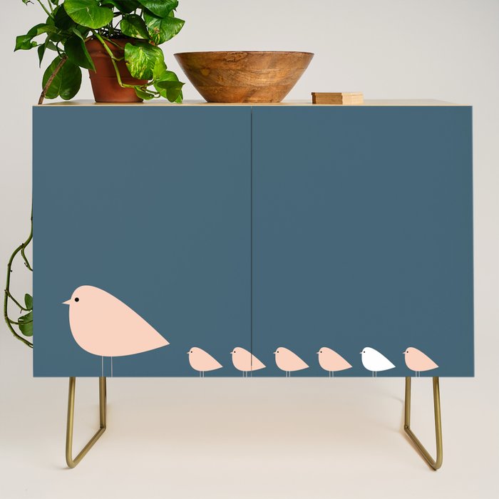Unique Birds - Minimalist Scandi Bird Family Blue Blush White Credenza Gallery Image 1