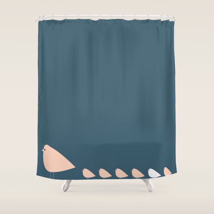 Unique Birds - Minimalist Scandi Bird Family Blue Blush White Shower Curtain Gallery Image 1