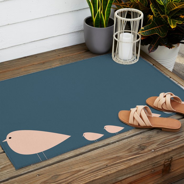 Unique Birds - Minimalist Scandi Bird Family Blue Blush White Outdoor Rug Gallery Image 2