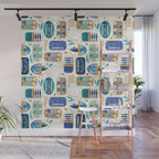 Vintage canned sardines // white background peacock teal and electric blue cans  Wall Mural Gallery Image 1