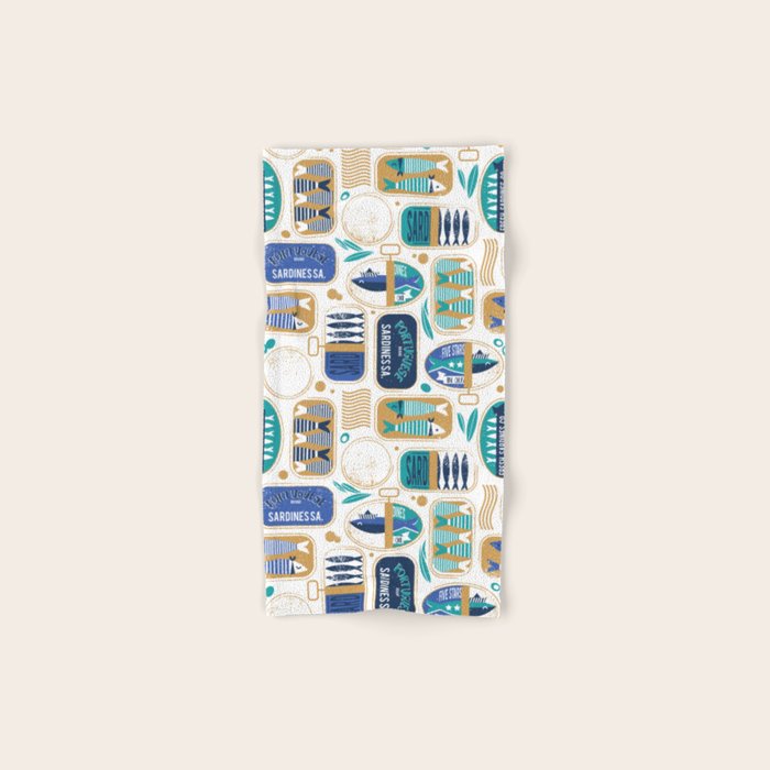 Vintage canned sardines // white background peacock teal and electric blue cans  Bath Towel Gallery Image 1