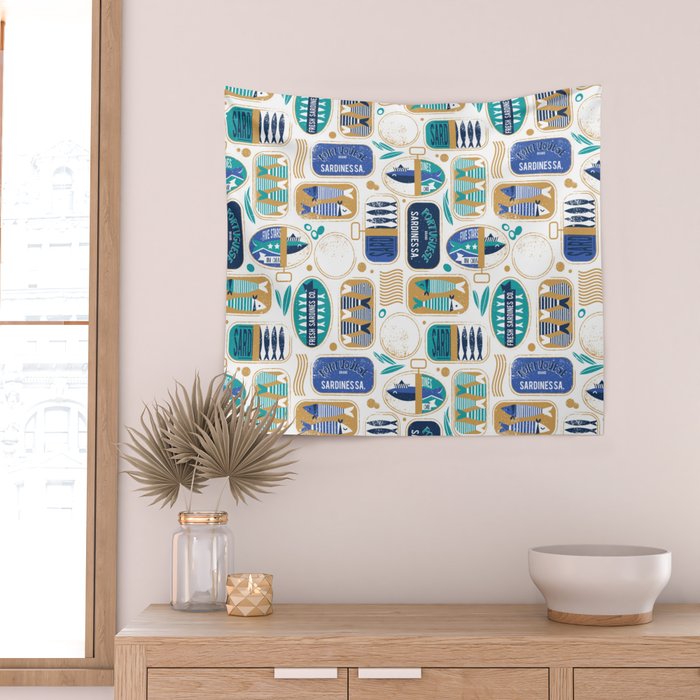 Vintage canned sardines // white background peacock teal and electric blue cans  Wall Tapestry Gallery Image 2