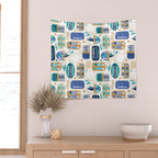 Vintage canned sardines // white background peacock teal and electric blue cans  Wall Tapestry Gallery Image 2