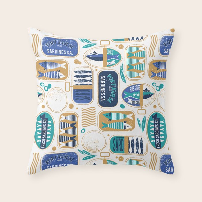 Vintage canned sardines // white background peacock teal and electric blue cans  Throw Pillow Gallery Image 6