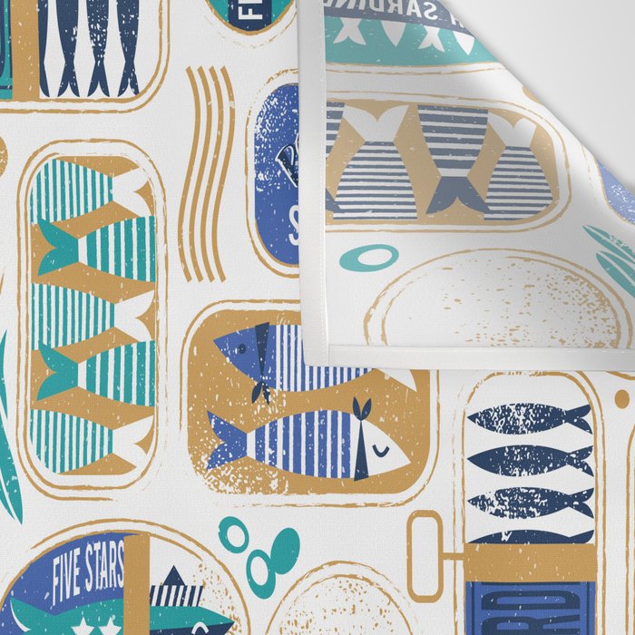 Vintage canned sardines // white background peacock teal and electric blue cans  Wall Tapestry Gallery Image 3