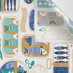 Vintage canned sardines // white background peacock teal and electric blue cans  Wall Tapestry Gallery Image 3