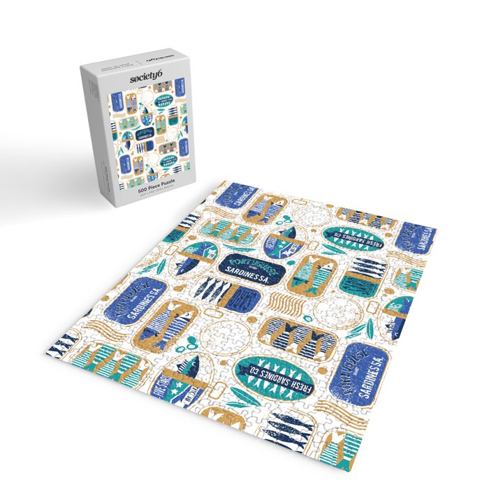 Vintage canned sardines // white background peacock teal and electric blue cans  Jigsaw Puzzle Gallery Image 2