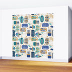 Vintage canned sardines // white background peacock teal and electric blue cans  Wall Mural Gallery Image 2